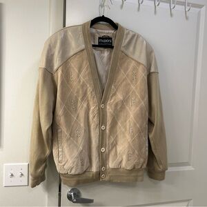Maxini Collezione plaid leather fabric mixed button up cardigan sweater jacket